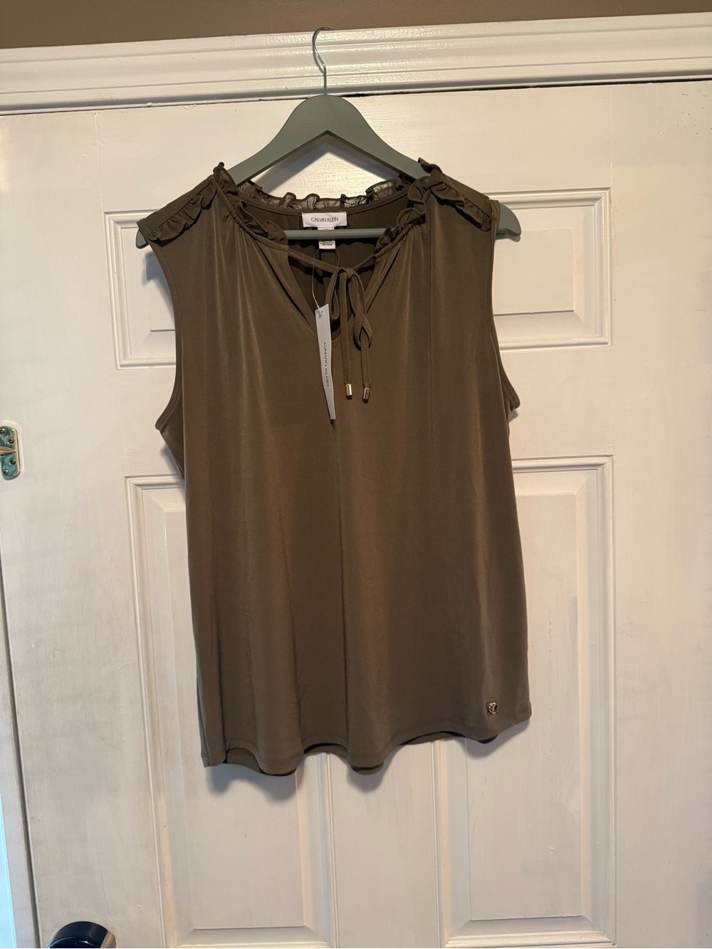 Calvin Klein Olive Green Ruffle Tie Neck Sleeveless Camisole
